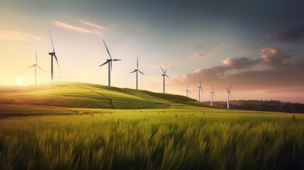 Obraz premium Wind turbines running on the green field. Generative AI