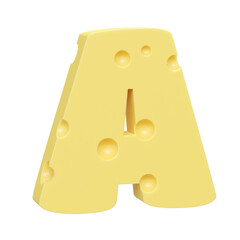 3D illustration of the letter A. Letter A in the form of a piece of cheese.