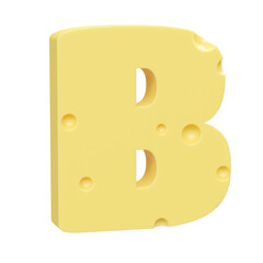 3D illustration of the letter B. Letter B in the form of a piece of cheese.