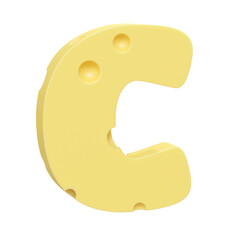 Cheese font C letter. Letter C. 3D render on clean white background isolated.