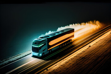 Generative AI Truck on the road at night at full speed