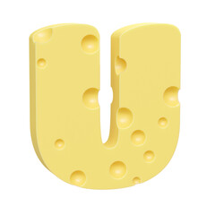 Cheese font U letter. Uppercase letter U. 3D render isolated on clean white background.
