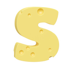 Cheese font S letter. Uppercase letter S. 3D render isolated on clean white background.