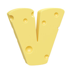 Cheese font V letter. Uppercase letter V. 3D render isolated on clean white background.
