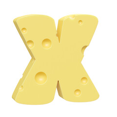Cheese font X letter. Uppercase letter X. 3D render isolated on clean white background.