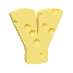 Cheese font Y letter. Uppercase letter Y. 3D render isolated on clean white background.