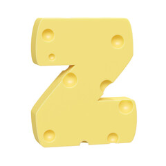 Cheese font Z letter. Uppercase letter Z. 3D render isolated on clean white background.