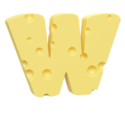 Cheese font W letter. Uppercase letter W. 3D render isolated on clean white background.