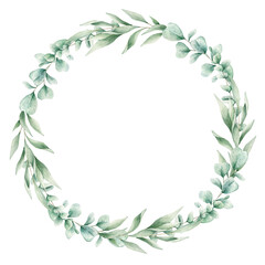 Watercolor illustration card with eucalyptus wreath. Isolated on white background. Hand drawn clipart. Perfect for card, postcard, tags, invitation, printing, wrapping. © Karina Martirosova