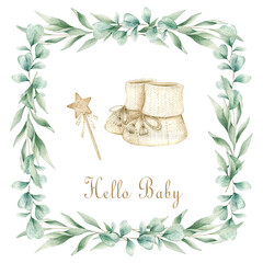 Watercolor illustration card hello baby with knitted socks, star, eucalyptus square frame. Isolated on white background. Hand drawn clipart. Perfect for card, postcard, tags, invitation, printing.