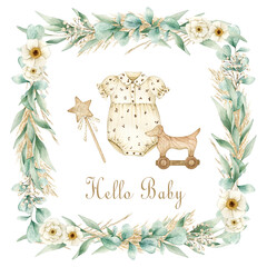 Watercolor illustration card hello baby with dress, star, eucalyptus flowers square frame. Isolated on white background. Hand drawn clipart. Perfect for card, postcard, tags, invitation, printing.