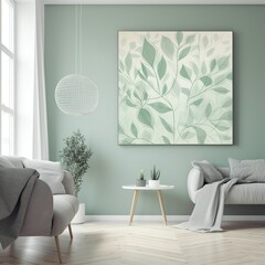Minimalist Room with Botanical Wall Art in Soothing Green Palette. Generative AI