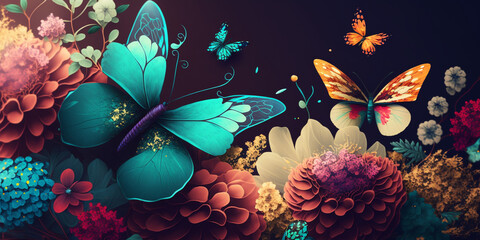 Floral Fantasy: Spring Background Aesthetic with Colorful Flowers and Butterflies