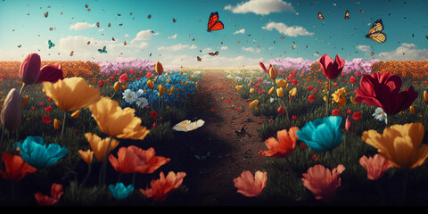 Fototapeta na wymiar Flower Fields: Spring Background Aesthetic with Colorful Blooms and Fluttering Butterflies