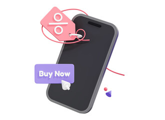 3D Mobile phone with price discount tag and button buy now. Online shopping concept. Digital marketing and e-commerce. Sale coupon for purchase. Cartoon creative design isolated on white. 3D Rendering
