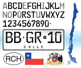 Chile car license plate new style, 2014, letters, numbers and symbols, vector illustration, Republic of Chile