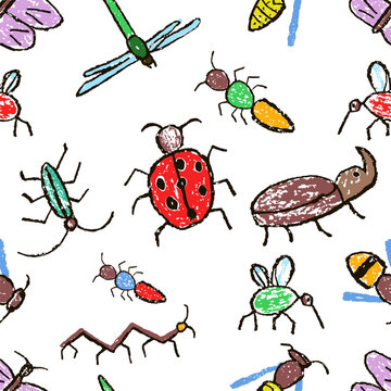 Insect seamless pattern. Crazy doodle insects set background. Crayon like kid`s hand drawn colorful funny butterfly, bug, bee, dragonfly. Vector pastel chalk or pencil childlike cartoon flat art