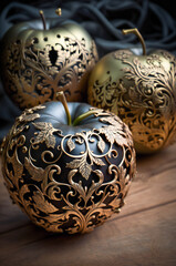 Black apples covered in filigree gold. Created with Generative AI technology.