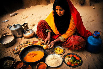 Middle East woman cooking a traditional meal. Created with Generative AI technology.