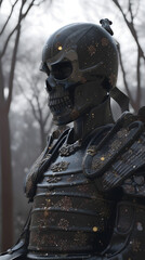 Anachronistic Encounters: The Futuristic Skull Samurai in the Cemetery, AI Generative