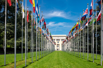 Flagpoles in front of United Nations, UN, Palais des Nations, Geneva, Switzerland, Europe