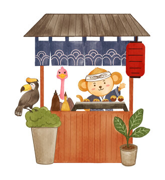 Japanese takoyaki shop with wildlife animals . Realistic watercolor paint with paper textured . Cartoon character design . Vector .