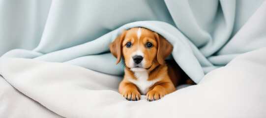 A small brown puppy peeks out from under the covers on the bed. Generative AI.