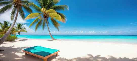 Fototapeta na wymiar Chaise lounge on the shore of a tropical island with palm trees. Generative AI.