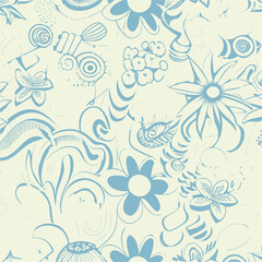 Groovy hippie 70s element in trendy flower and psychedelic style seamless vector pattern 