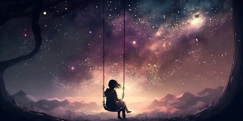 girl on a swing against the backdrop of space, generative AI