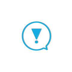 Vector flat icon of triangular exclamation mark in empty chat bubble in blue color.