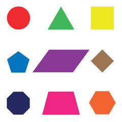 Various flat geometric shapes in different colors for the study of mathematics, geometry, education.