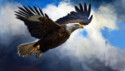 Obraz premium eagle, a large bird of prey, flies against the sky, art illustration painted, generative ai