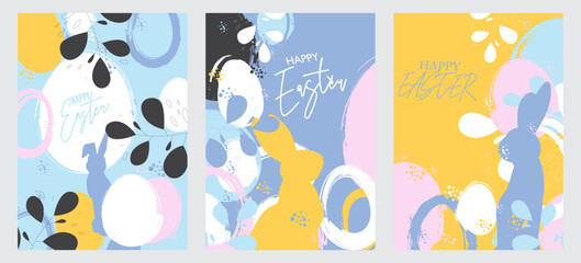 Happy Easter Poster Set. Trendy Holiday invitation design collection. Elegant greeting card with painted eggs. Modern minimal template in pastel colors.