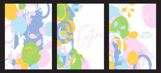 Happy Easter Poster Set. Trendy Holiday invitation design collection. Elegant greeting card with painted eggs. Modern minimal template in pastel colors.
