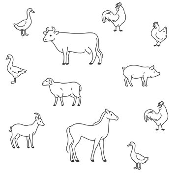 для экпCute animals set - horse, cow, goat, sheep, pig, duck, chick, goose, cock. Vector pattern with farm animals in cartoon style.