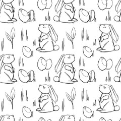 Vector hand drawn Easter Hare seamless pattern. Little cute bunnies in the meadow looks at many small eggs. Funny cartoon rabbit. Festive hare linear sign. Black and white spring childish print layout
