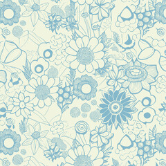 Groovy hippie 70s element in trendy flower and psychedelic style seamless vector pattern 