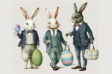 Elegant easter bunny and friends, beautiful watercolor art, (generated ai)