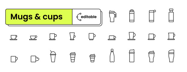 Set of editable icons: mugs and cups (bottles, coffe cups, thermos, paper cup, water bottle, tall mug, sport bottle)