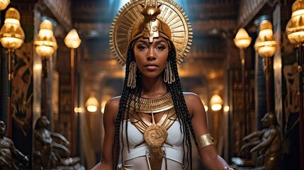 Fototapeta na wymiar The Alluring Beauty of the Egyptian Goddess: A Stunning Black Woman Adorned in Golden Jewelry | High-Quality Stock Photo