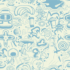 Groovy hippie 70s element in trendy flower and psychedelic style seamless vector pattern 