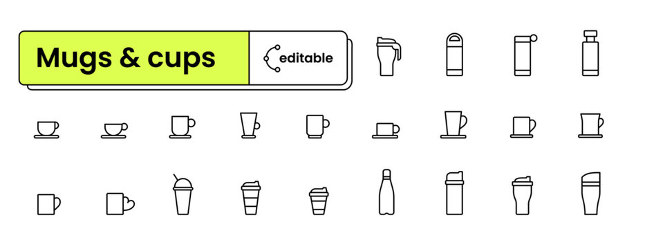 Set of editable icons: mugs and cups (bottles, coffe cups, thermos, paper cup, water bottle, tall mug, sport bottle)