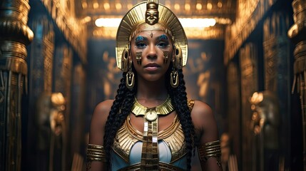 The Alluring Beauty of the Egyptian Goddess: A Stunning Black Woman Adorned in Golden Jewelry | High-Quality Stock Photo