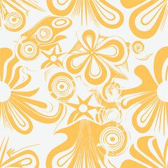 Groovy hippie 70s element in trendy flower and psychedelic style seamless vector pattern 