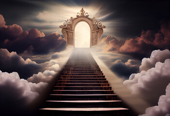 Heavens gate to heaven end of life. Stairway to Heaven. Religious background. Generate Ai.