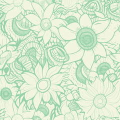 Groovy hippie 70s element in trendy flower and psychedelic style seamless vector pattern 