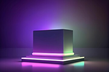 Empty podium for product with nothing stand on it in center, mockup, endless neon color background with shadow on background. Generative AI