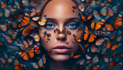 Woman's face sticking out in the middle of a full group of butterflies. Generate Ai.