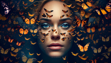 Woman's face sticking out in the middle of a full group of butterflies. Generate Ai.
